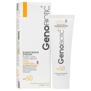 کرم ضد آفتاب رنگی (بژ روشن) SPF50 ژنوبایوتیک مناسب پوست های چرب و مختلط ۵۰ میلی لیتر
