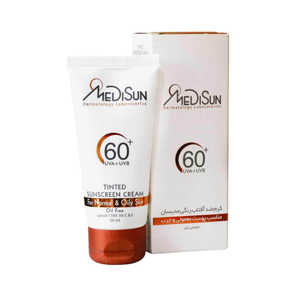 کرم ضدآفتاب رنگی SPF60 پوست معمولی و چرب مدیسان ۵۰ میلی لیتر
